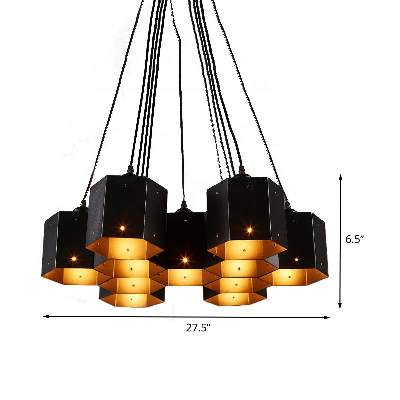 Lustre hexagonal vintage avec design en nid d'abeille noir - 7/10/11 Down Lights pour restaurants
