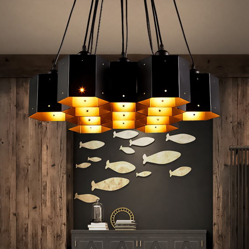 Lustre hexagonal vintage avec design en nid d'abeille noir - 7/10/11 Down Lights pour restaurants