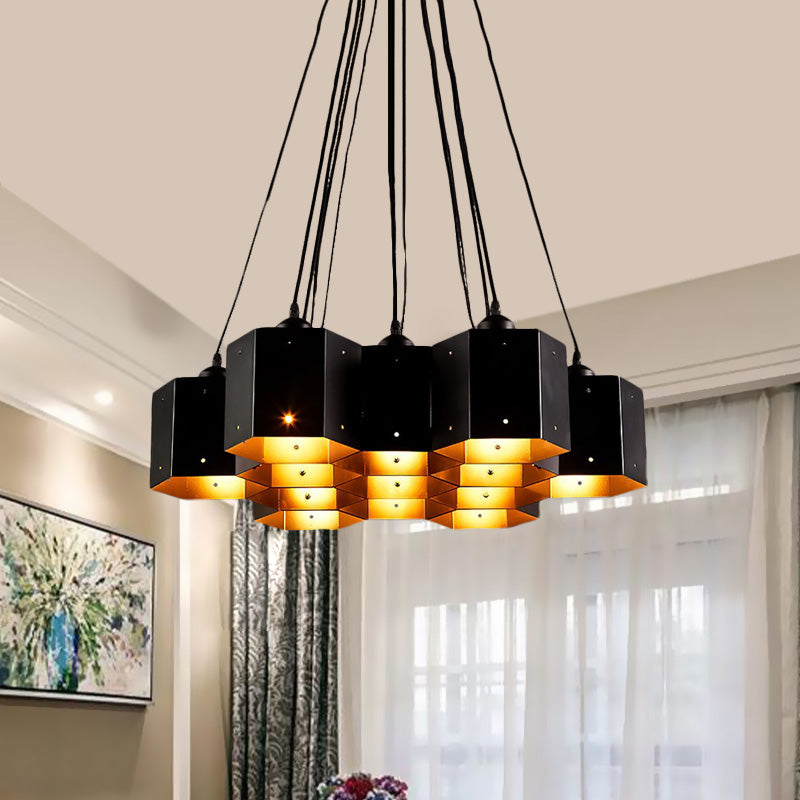 Lustre hexagonal vintage avec design en nid d'abeille noir - 7/10/11 Down Lights pour restaurants