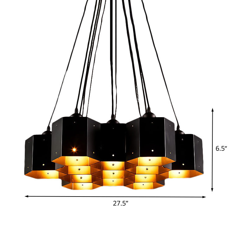 Lustre hexagonal vintage avec design en nid d'abeille noir - 7/10/11 Down Lights pour restaurants