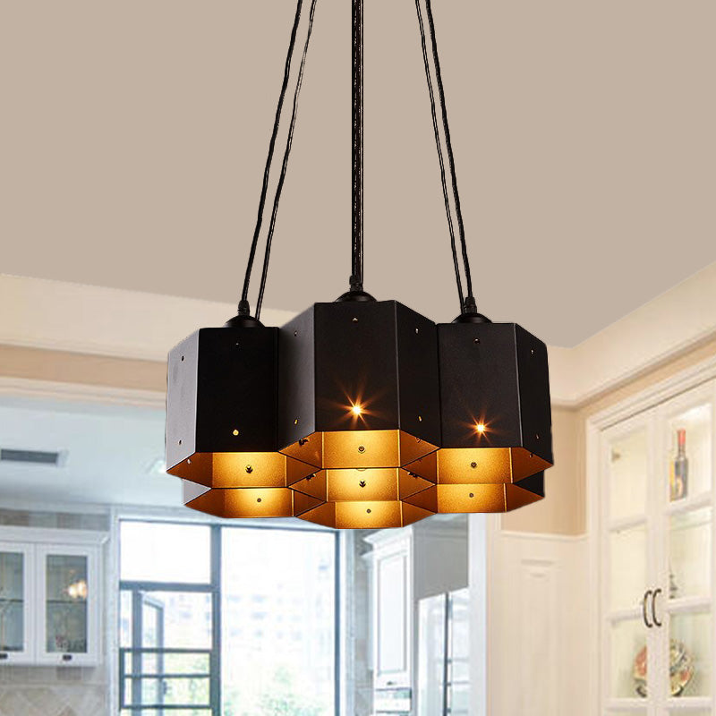 Lustre hexagonal vintage avec design en nid d'abeille noir - 7/10/11 Down Lights pour restaurants