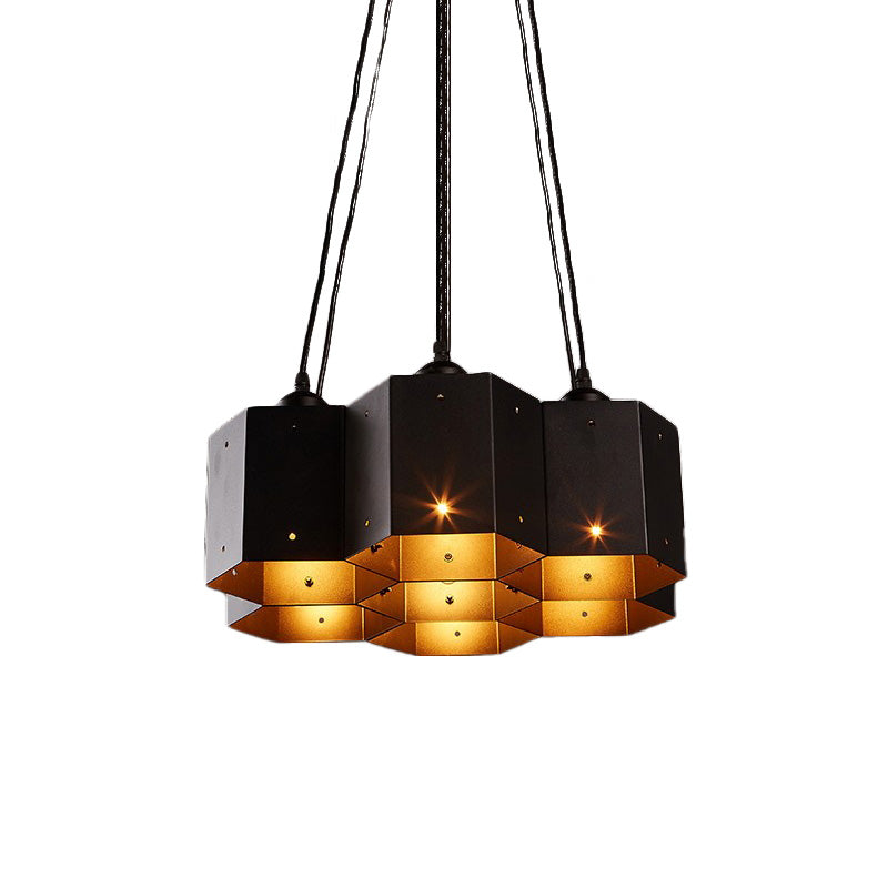Lustre hexagonal vintage avec design en nid d'abeille noir - 7/10/11 Down Lights pour restaurants
