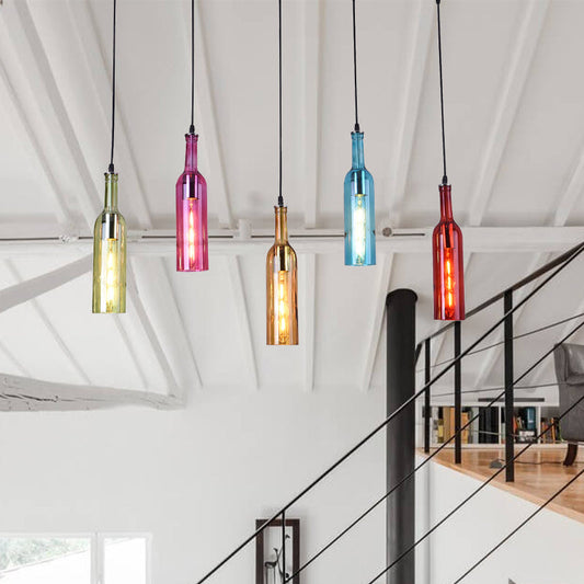 Vintage Black Bottle Cluster Pendant Lamp with Colorful Glass Shades - Perfect for Restaurants!