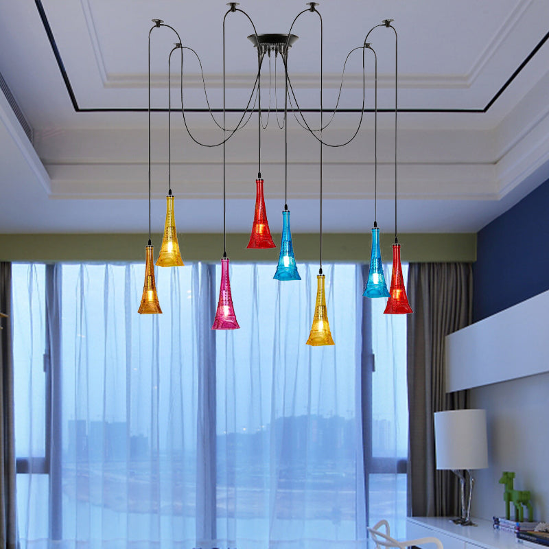 Antiqued Glass Eiffel Tower Pendant with 8 Bulbs - Black, Colorful Swag Ceiling Fixture