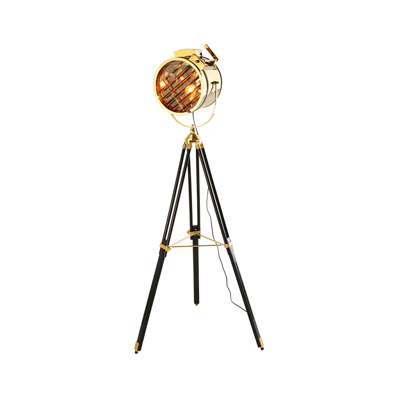 Vintage Metal Spotlight Floor Lamp With Tripod Stand - Black/Wood Perfect For Living Room Lighting