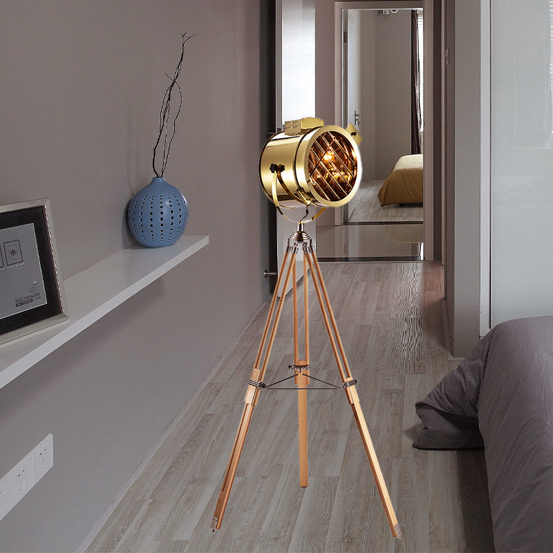Vintage Metal Spotlight Floor Lamp With Tripod Stand - Black/Wood Perfect For Living Room Lighting