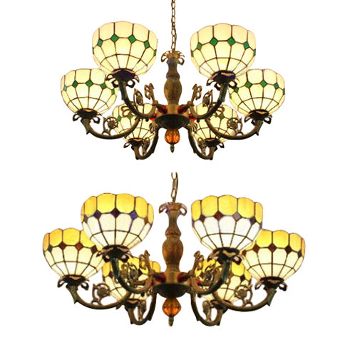 Tiffany Antique Glass Chandelier in Green/Yellow with 6 Bowl Shade Heads for Hotels