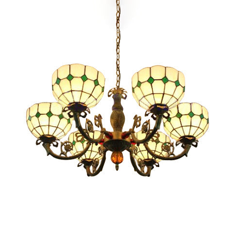 Tiffany Antique Glass Chandelier in Green/Yellow with 6 Bowl Shade Heads for Hotels