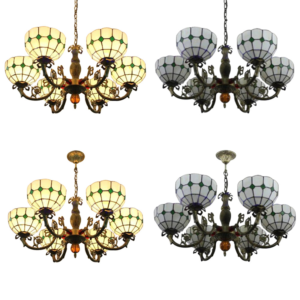 Tiffany Antique Glass Chandelier in Green/Yellow with 6 Bowl Shade Heads for Hotels