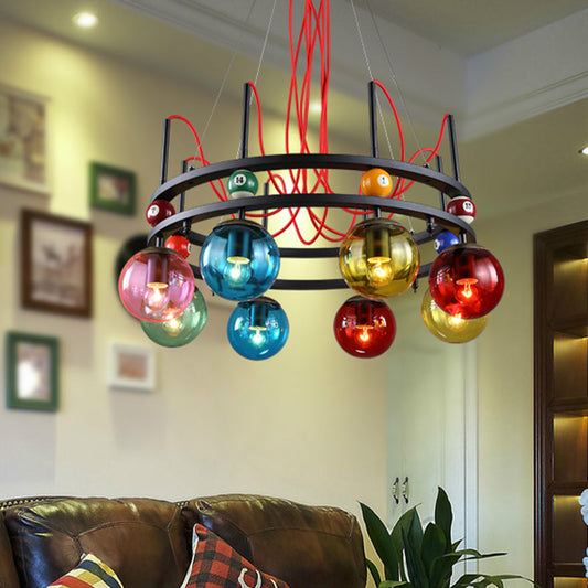 Vintage Colorful Glass Chandelier with Billiard Decoration - Black Round Ceiling Pendant Light for Living Room (8/12/16 Bulbs)