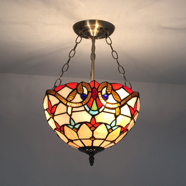 Tiffany-style Victorian Ceiling Fixture for Study Room with Multi-colored Glass Semi Flush Mount