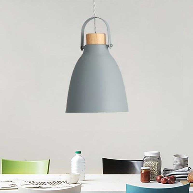 Contemporary Flared Metal Down Lighting Grey Pendant Light With Wood Cap 1 Head Fixture