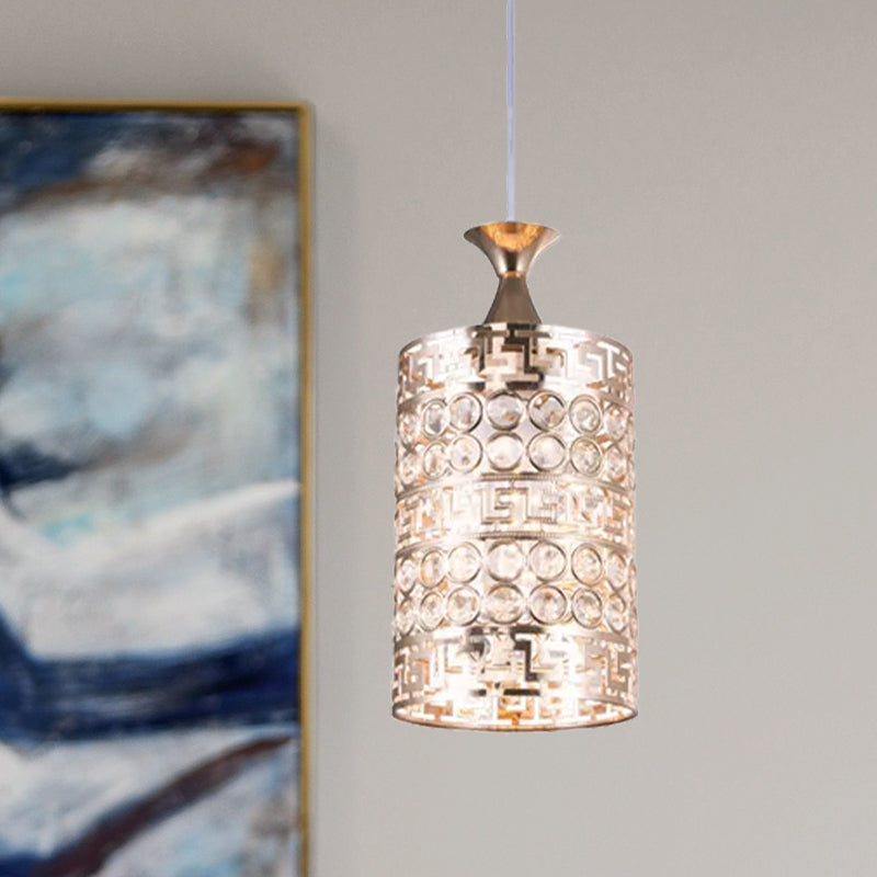 Vintage Gold Metal Cylinder Hanging Ceiling Light with Crystal Accent, 6"/7" Dia, 1 Light