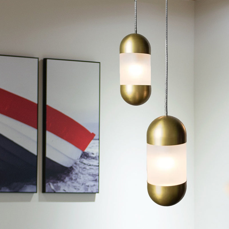 Stylish Brass Pill Pendant Light With Frosted Glass Shade - Modern Hanging Ceiling