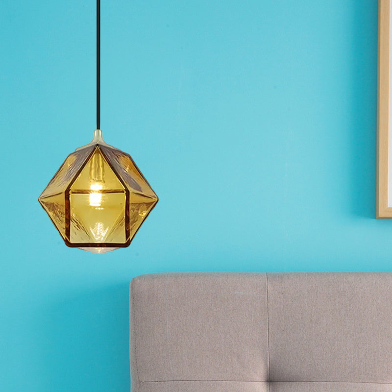 Modern Hexagon Ceiling Lamp with Cognac Glass Shade - 1 Bulb Pendant Light for Dining Room