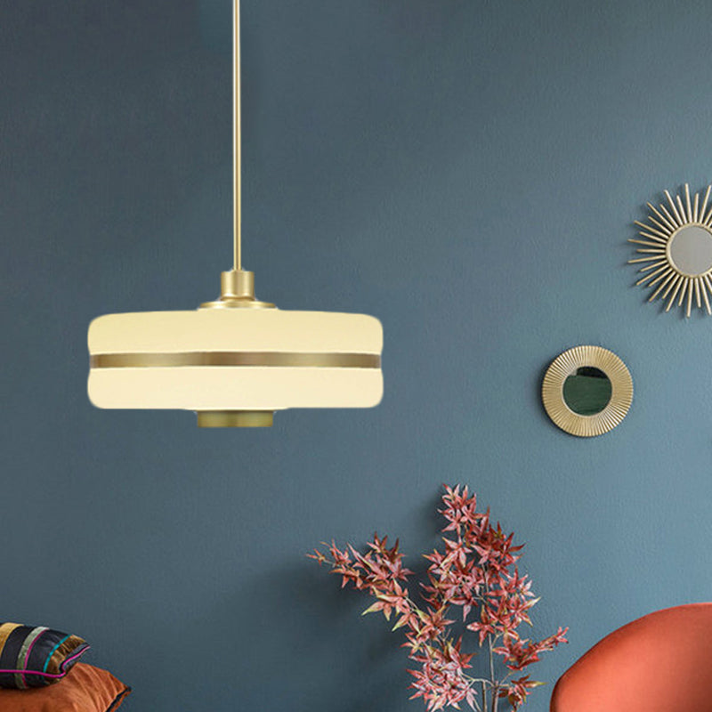Postmodern White Glass Drum Pendant Light Fixture - 1 Light Bedroom Ceiling Hanging Light