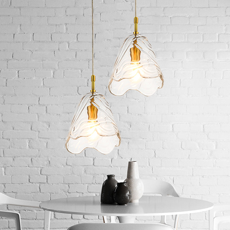 Modernist Clear/Blue Ripple Glass Ceiling Pendant Lamp with Scalloped Design and Brass Finish