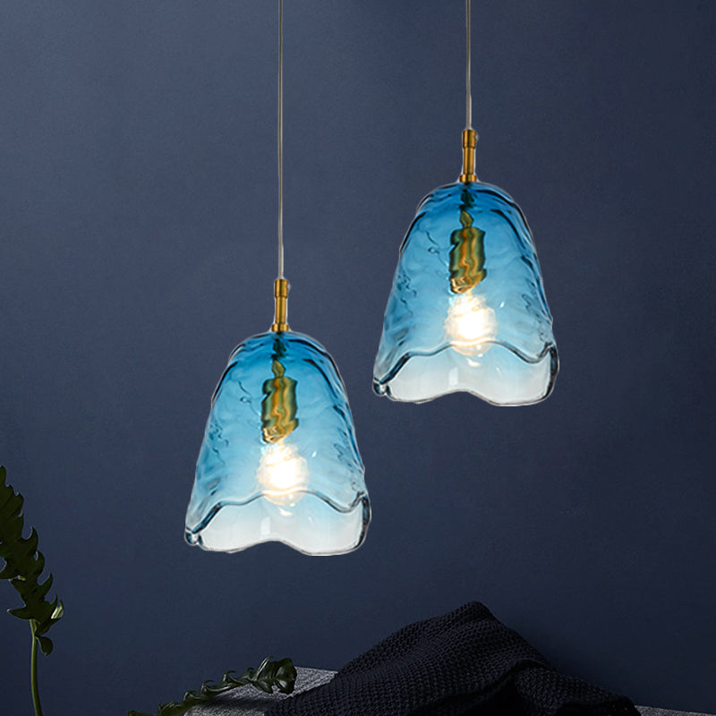 Modernist Clear/Blue Ripple Glass Ceiling Pendant Lamp with Scalloped Design and Brass Finish