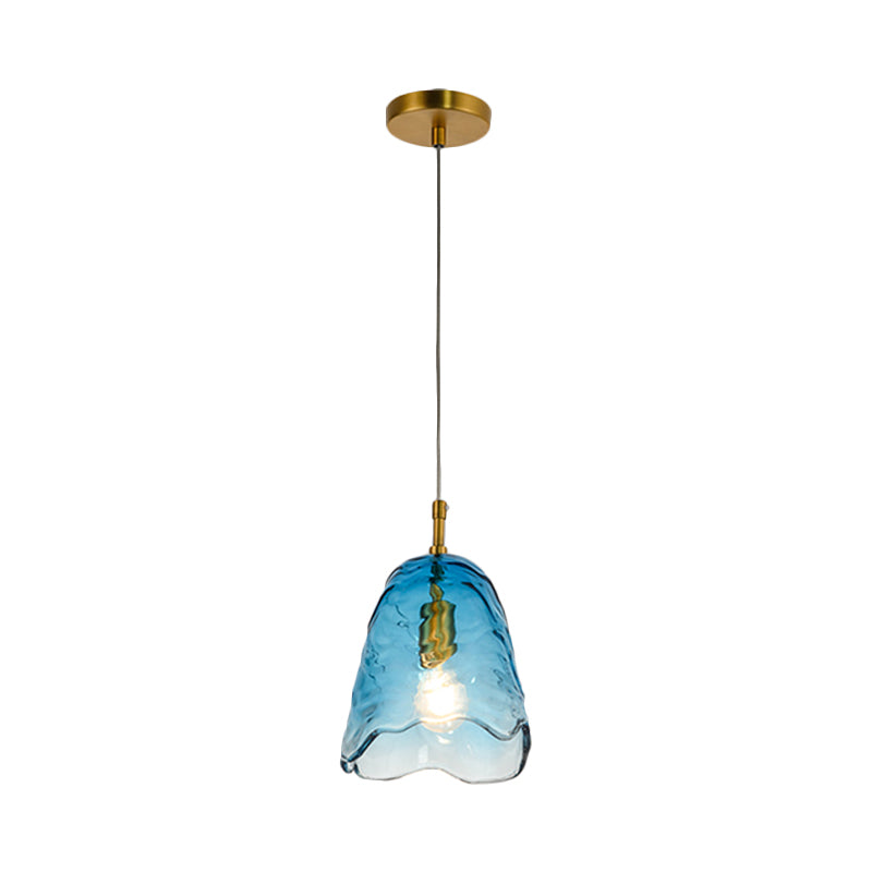 Modern Scalloped Glass Pendant Lamp In Clear/Blue With Brass Finish - Perfect For Open Kitchen