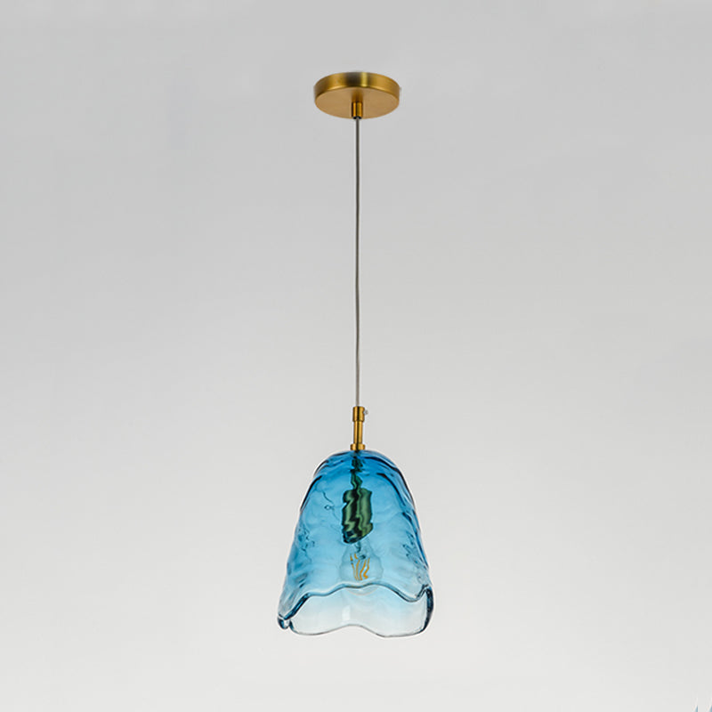 Modern Scalloped Glass Pendant Lamp In Clear/Blue With Brass Finish - Perfect For Open Kitchen
