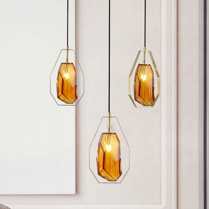 Vintage Gemstone Pendant Light in Smoke Grey/Cognac Glass with Brass Frame