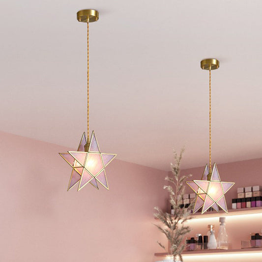 Nordic Style Pink Water Glass Pendant Lamp with Pentacle Design and Brass Finish