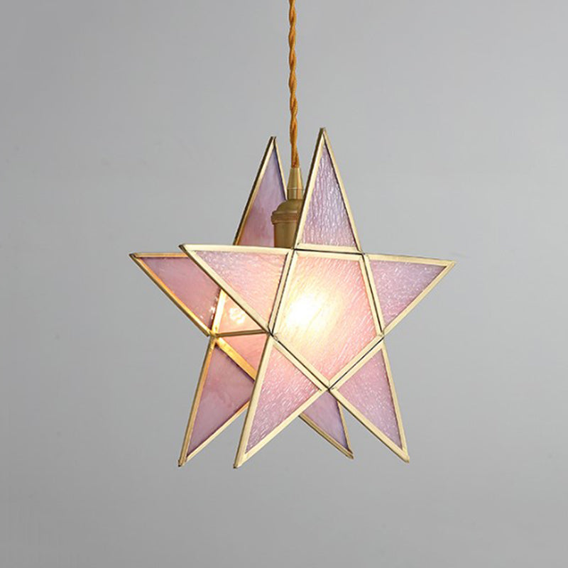 Nordic Style Pink Water Glass Pendant Lamp with Pentacle Design and Brass Finish