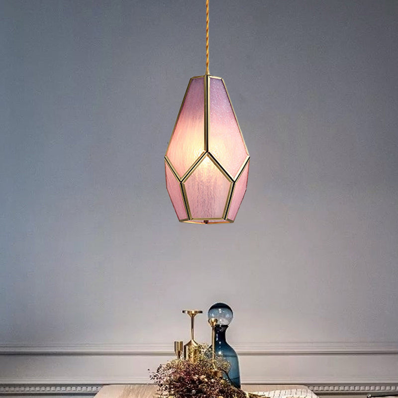 Vintage Gem Pink Textured Glass Pendant Light With Brass Drop - 1 Bulb Hanging Lamp