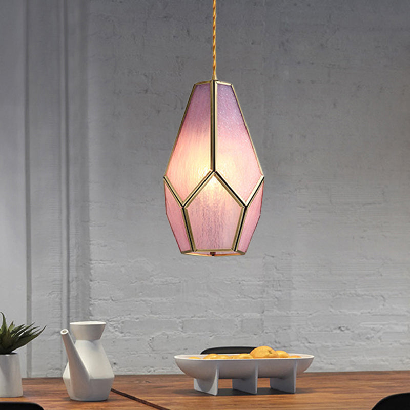 Vintage Gem Pink Textured Glass Pendant Light With Brass Drop - 1 Bulb Hanging Lamp