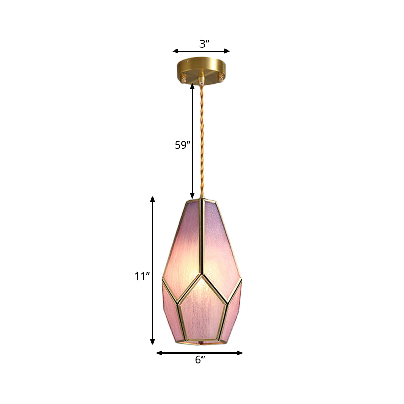 Vintage Gem Pink Textured Glass Pendant Light With Brass Drop - 1 Bulb Hanging Lamp