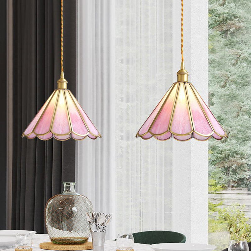 Romantic Brass Pendant Light with Floral Glass Shade - Perfect for Dining Rooms