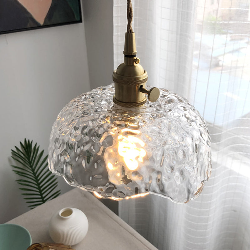 Translucent Hammered Glass Pendant with Single Bulb for Modern Brass Hanging Lighting