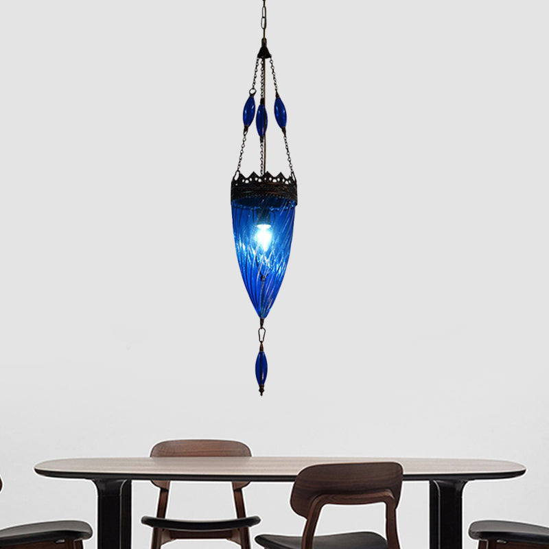 Blue Cyclone Glass Pendant Lamp With Copper Top - Perfect For Mid Century Bedrooms