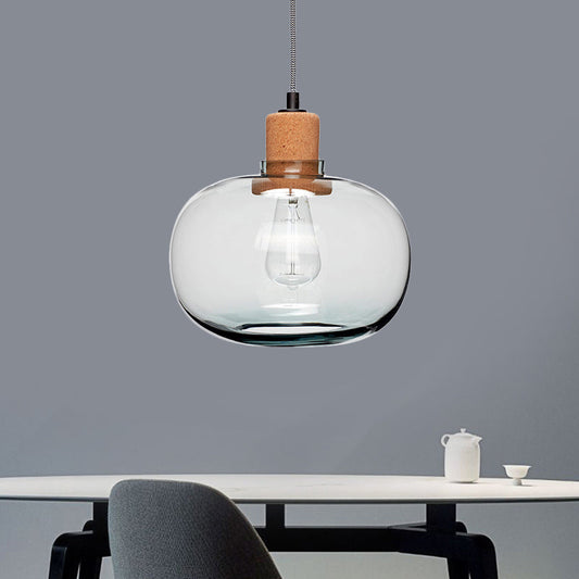 Modern 1-Head Wood Pendant Light Kit with Clear Belly Glass Pot, Cork Accent - Hanging Lighting Fixture