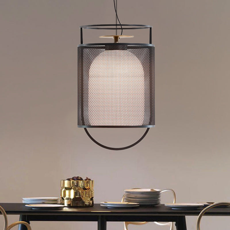 Plafonnier moderne avec abat-jour en verre noir et écran en maille - Suspension à demi-capsule