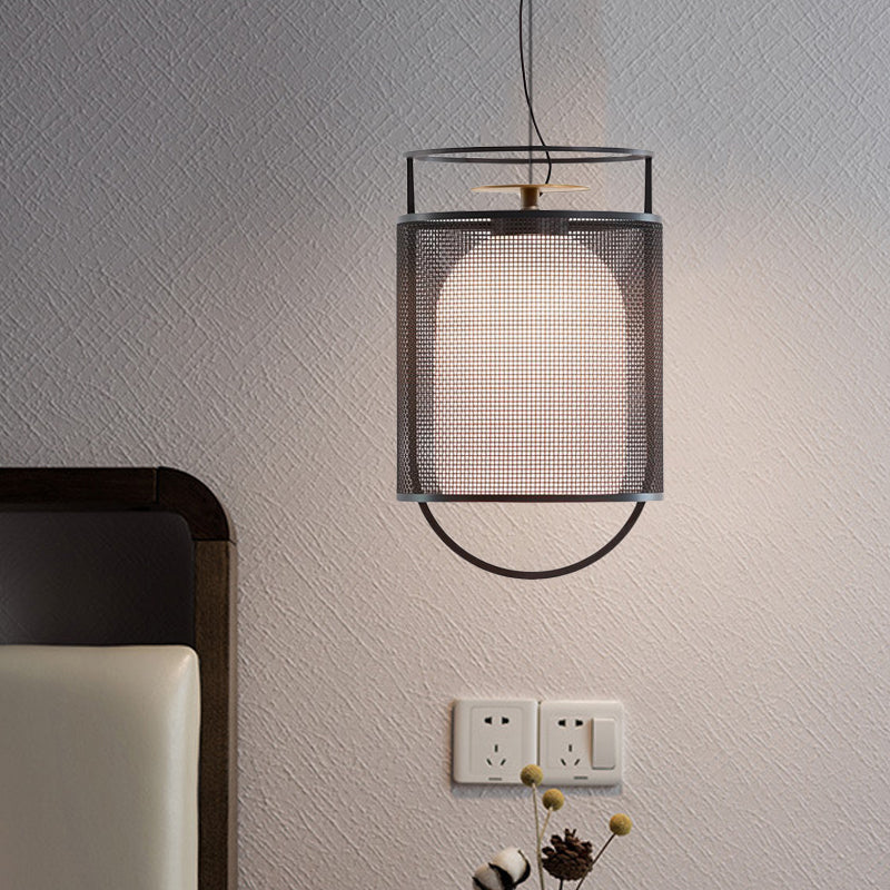 Plafonnier moderne avec abat-jour en verre noir et écran en maille - Suspension à demi-capsule