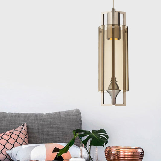 Modern Grey/Clear/Tan Glass 1-Light Dining Table Suspension Light with Nickel Frame