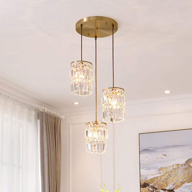 Suspension en cristal prismatique moderne avec 2 couches, 3 lumières, design pendentif doré - Auvent linéaire/rond inclus