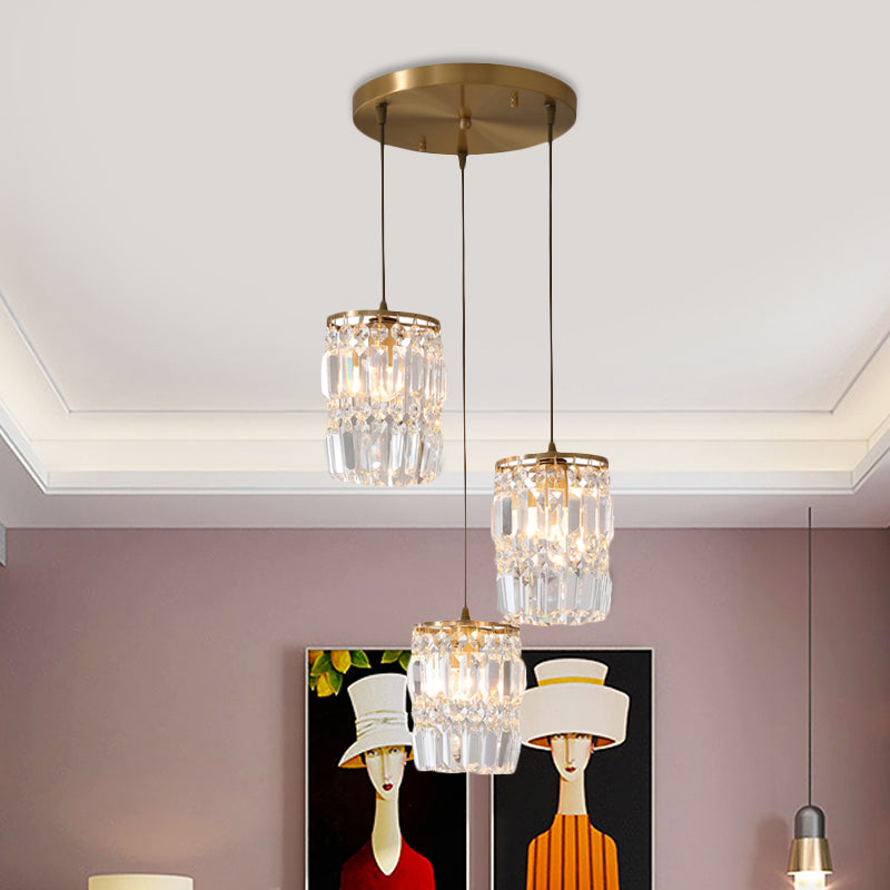 Suspension en cristal prismatique moderne avec 2 couches, 3 lumières, design pendentif doré - Auvent linéaire/rond inclus