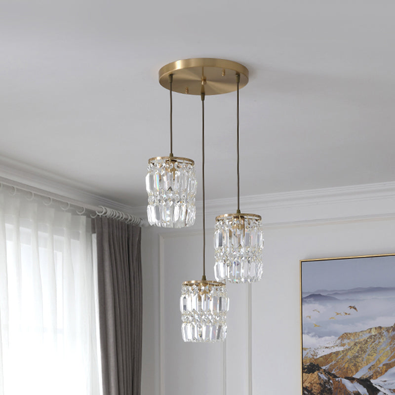Suspension en cristal prismatique moderne avec 2 couches, 3 lumières, design pendentif doré - Auvent linéaire/rond inclus