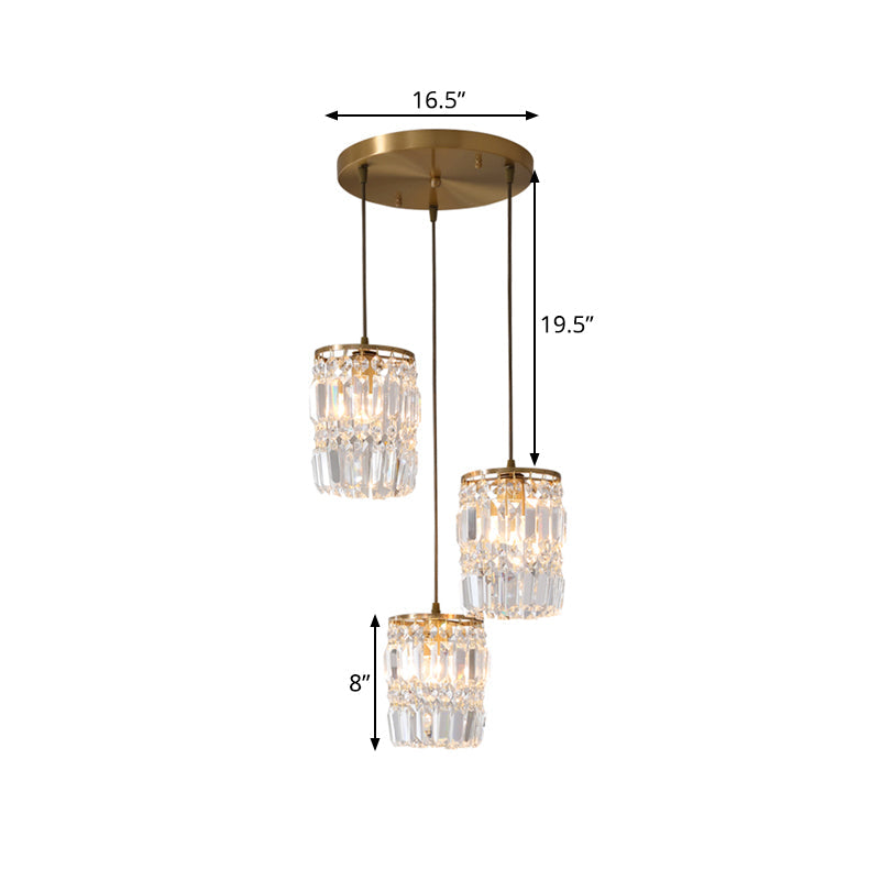 Suspension en cristal prismatique moderne avec 2 couches, 3 lumières, design pendentif doré - Auvent linéaire/rond inclus