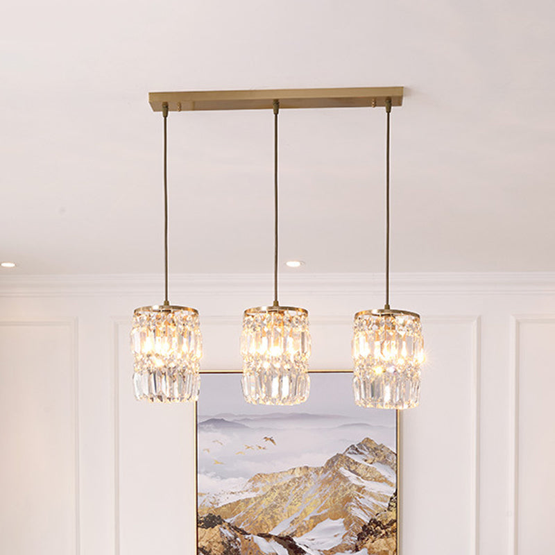 Suspension en cristal prismatique moderne avec 2 couches, 3 lumières, design pendentif doré - Auvent linéaire/rond inclus