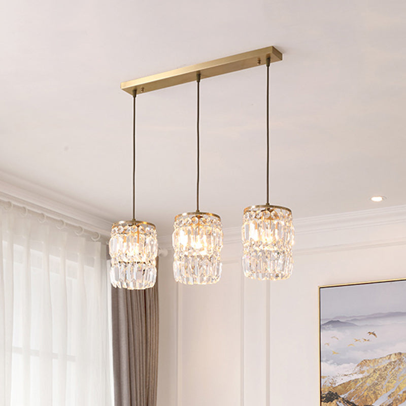 Suspension en cristal prismatique moderne avec 2 couches, 3 lumières, design pendentif doré - Auvent linéaire/rond inclus