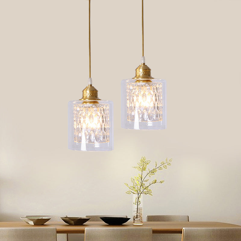 Suspension cylindrique contemporaine en laiton avec double abat-jour en verre transparent