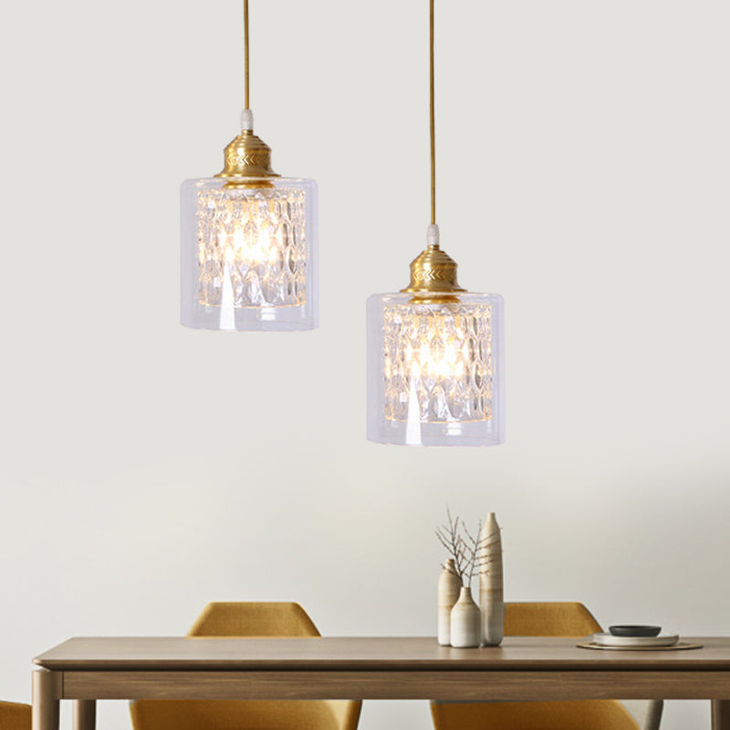 Suspension cylindrique contemporaine en laiton avec double abat-jour en verre transparent
