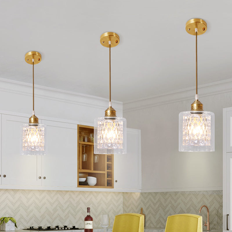 Suspension cylindrique contemporaine en laiton avec double abat-jour en verre transparent