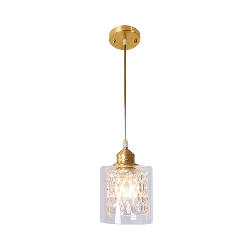Suspension cylindrique contemporaine en laiton avec double abat-jour en verre transparent