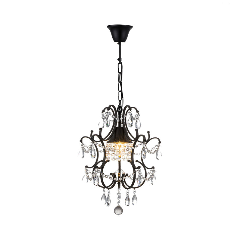 Vintage Iron Frame Lantern Pendant - 1 Light Black Ceiling Fixture with Crystal Accent