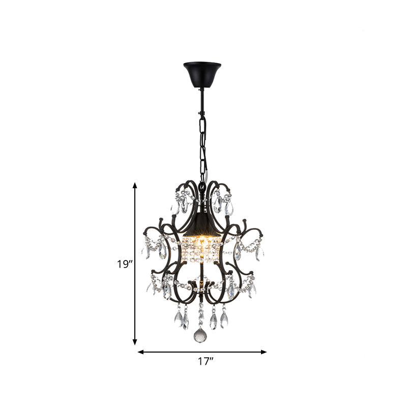 Vintage Iron Frame Lantern Pendant - 1 Light Black Ceiling Fixture with Crystal Accent