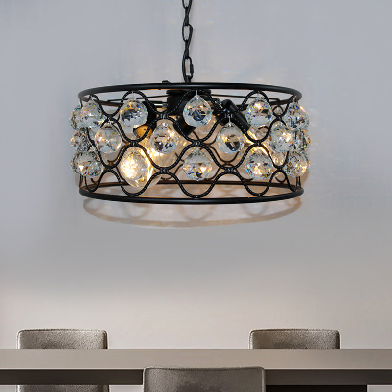 Vintage Metal & Crystal Drum Chandelier - 3-Light Black Ceiling Fixture For Living Room